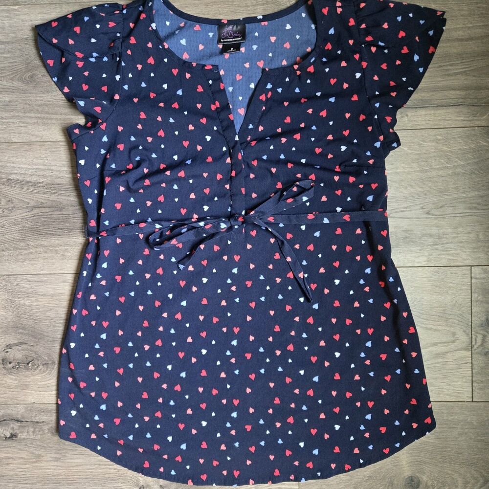Oh Baby by Motherhood Navy Blue Heart Print Flutter Sleeve Maternity Top Size S